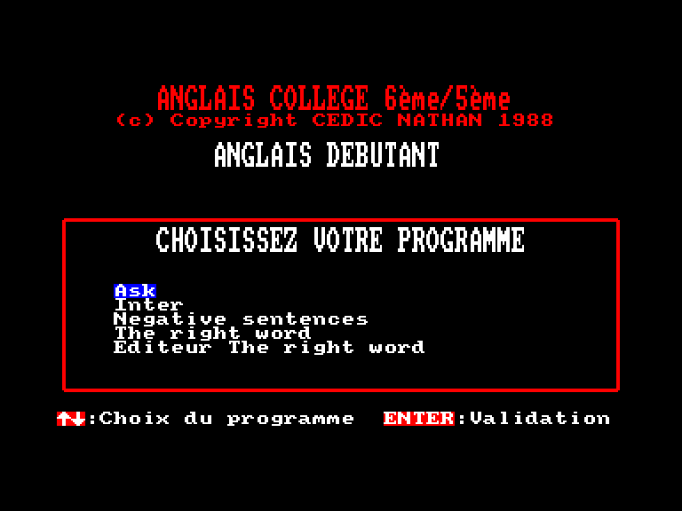 screenshot of the Amstrad CPC game Anglais Colleges 6e-5e